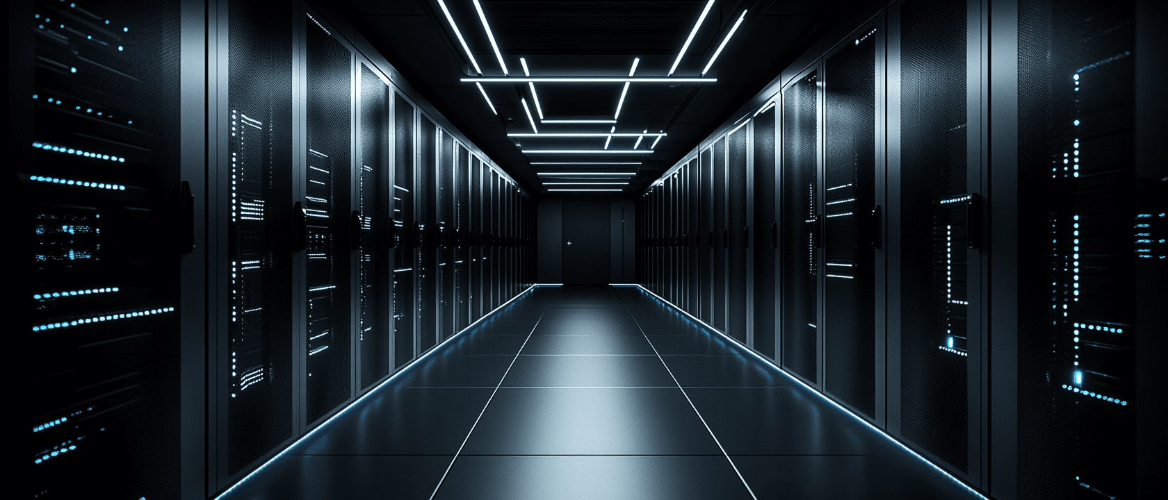 Modern server room with rows of network equipment